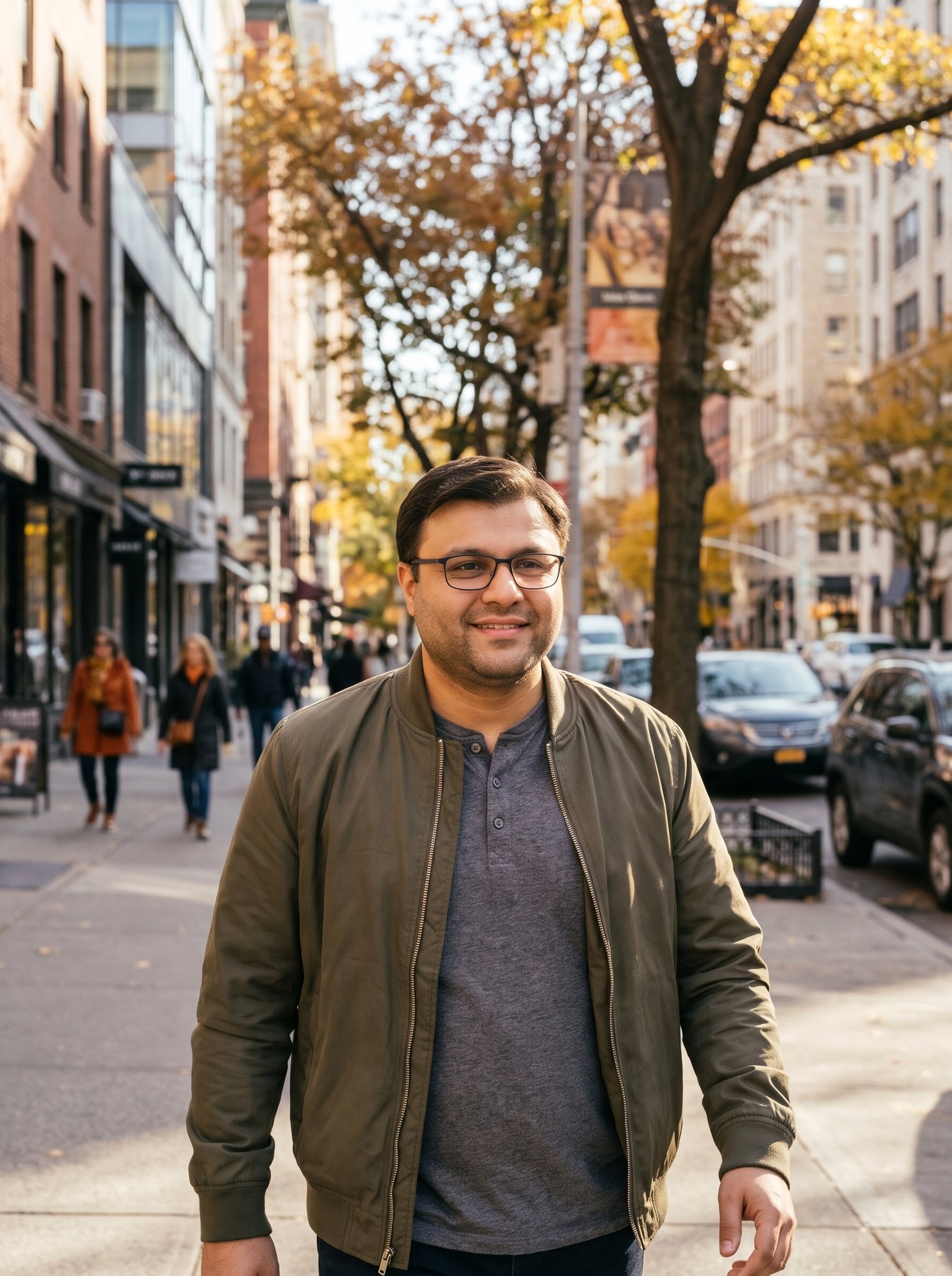Shahfayaz Khan in an olive bomber jacket on a tree-lined city street in autumn