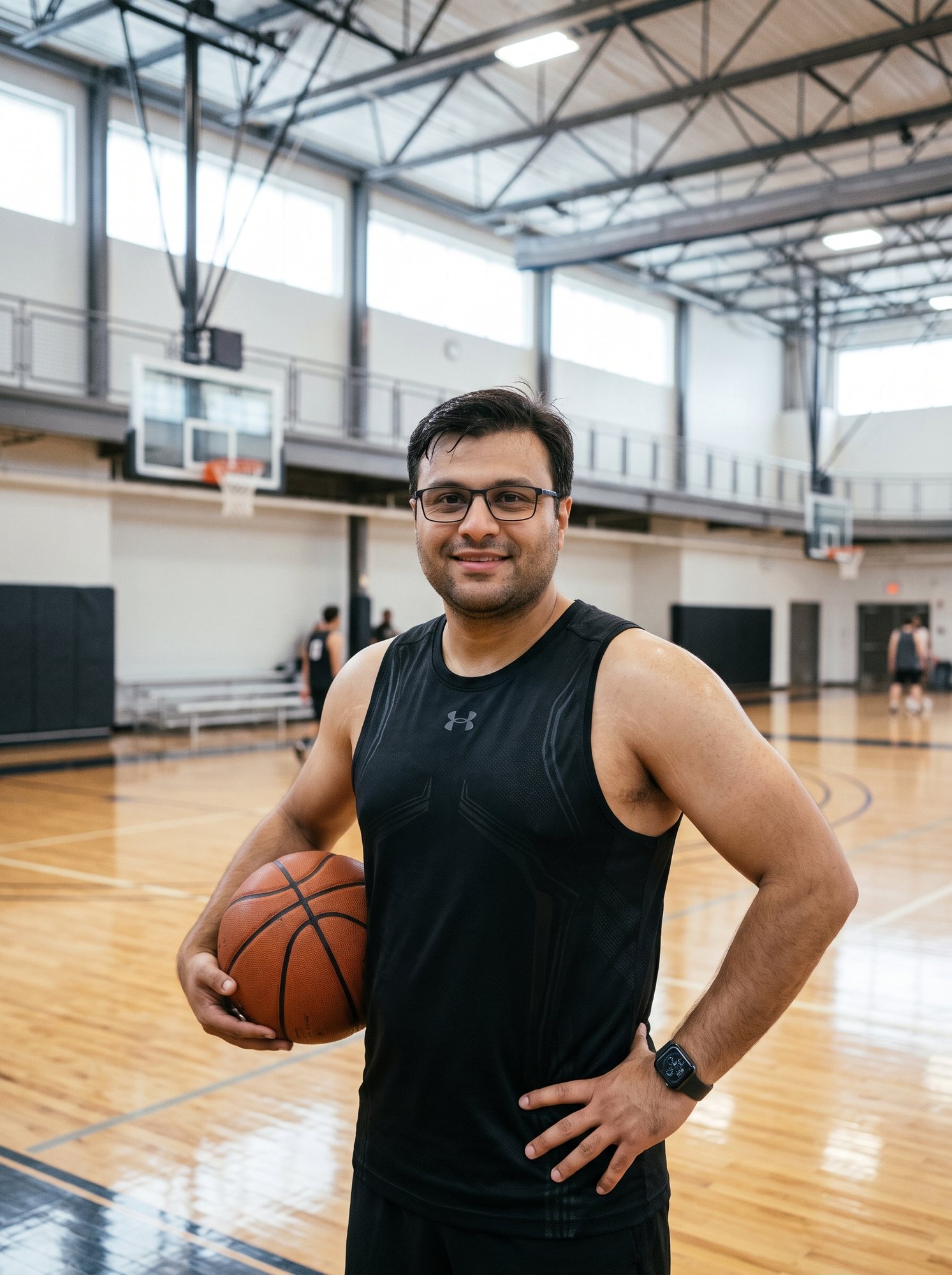 Shahfayaz Khan holding a basketball on an indoor court