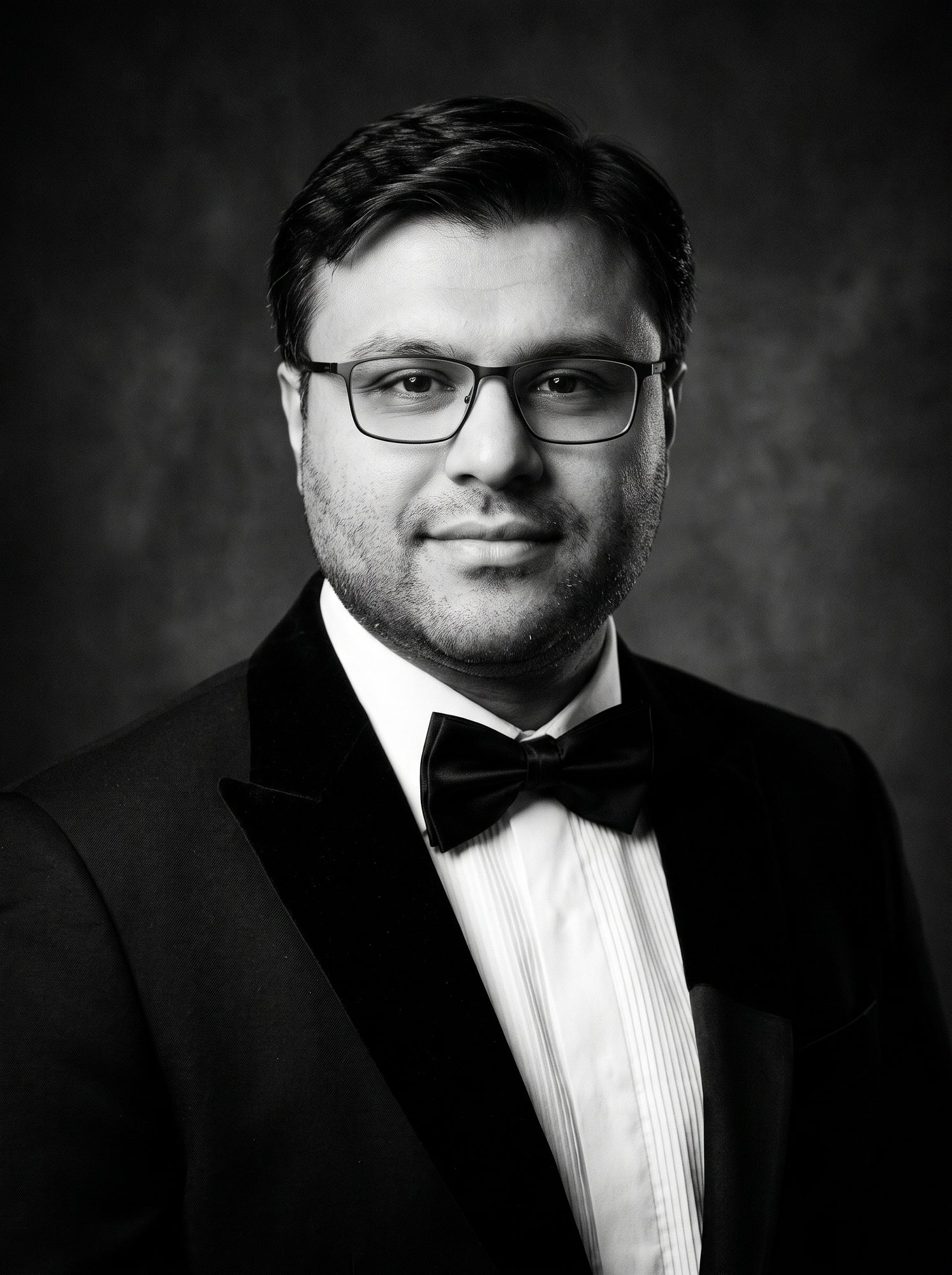 Black-and-white studio portrait of Shahfayaz Khan in a tuxedo and bow tie