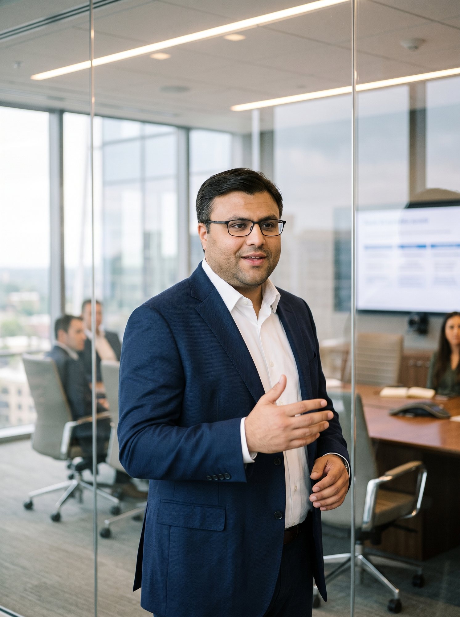Shahfayaz Khan in a navy suit presenting in a glass-walled meeting room