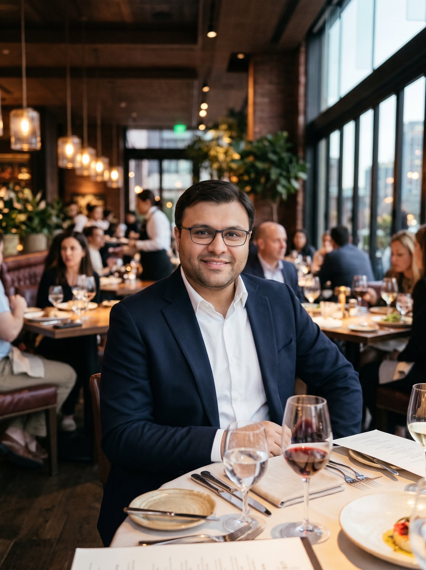 Shahfayaz Khan in a navy blazer at a candle-lit restaurant table