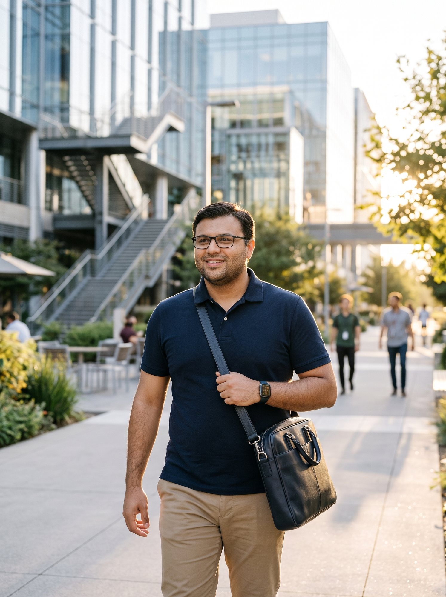Shahfayaz Khan walking with a shoulder bag through a modern tech campus