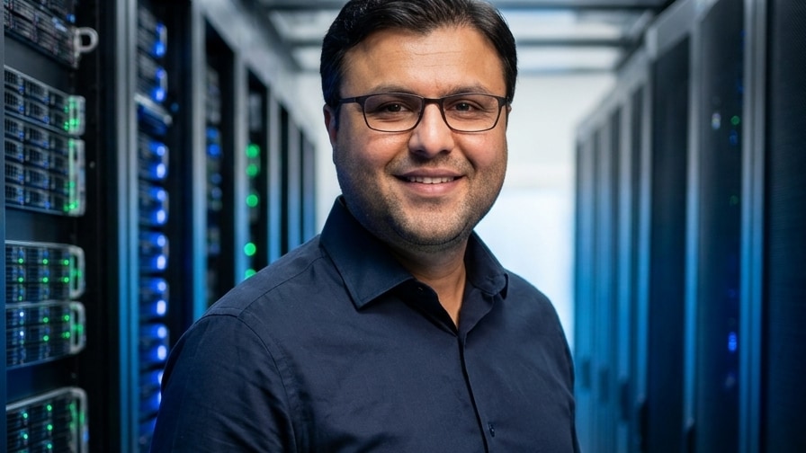 Wide cinematic view of Shahfayaz Khan in enterprise server corridor