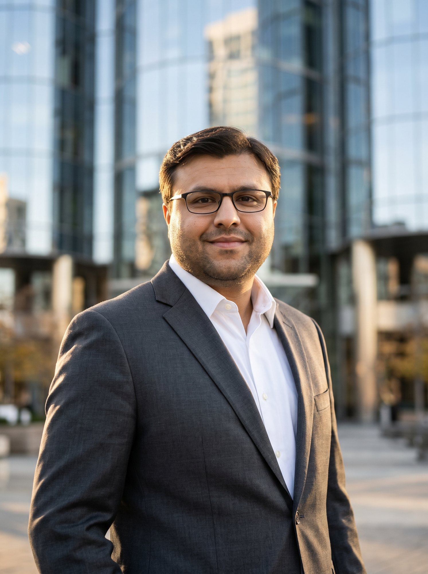 Shahfayaz Khan in a grey blazer and white shirt among glass office towers at golden hour