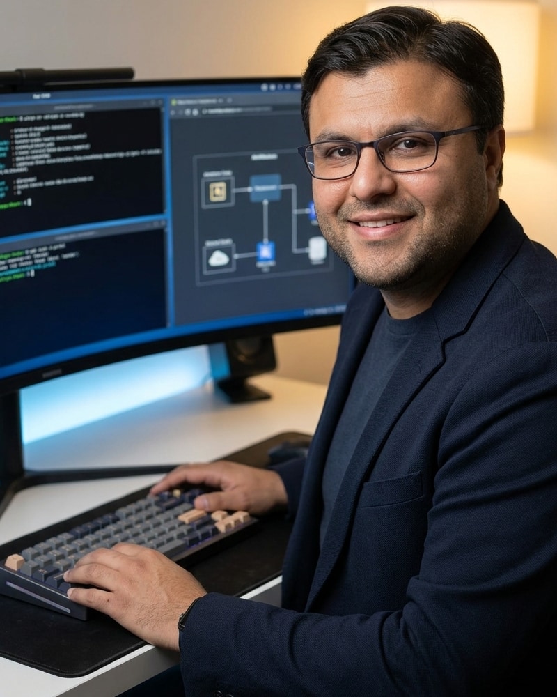 Shahfayaz Khan reviewing code and terminals on his dual-screen engineering setup