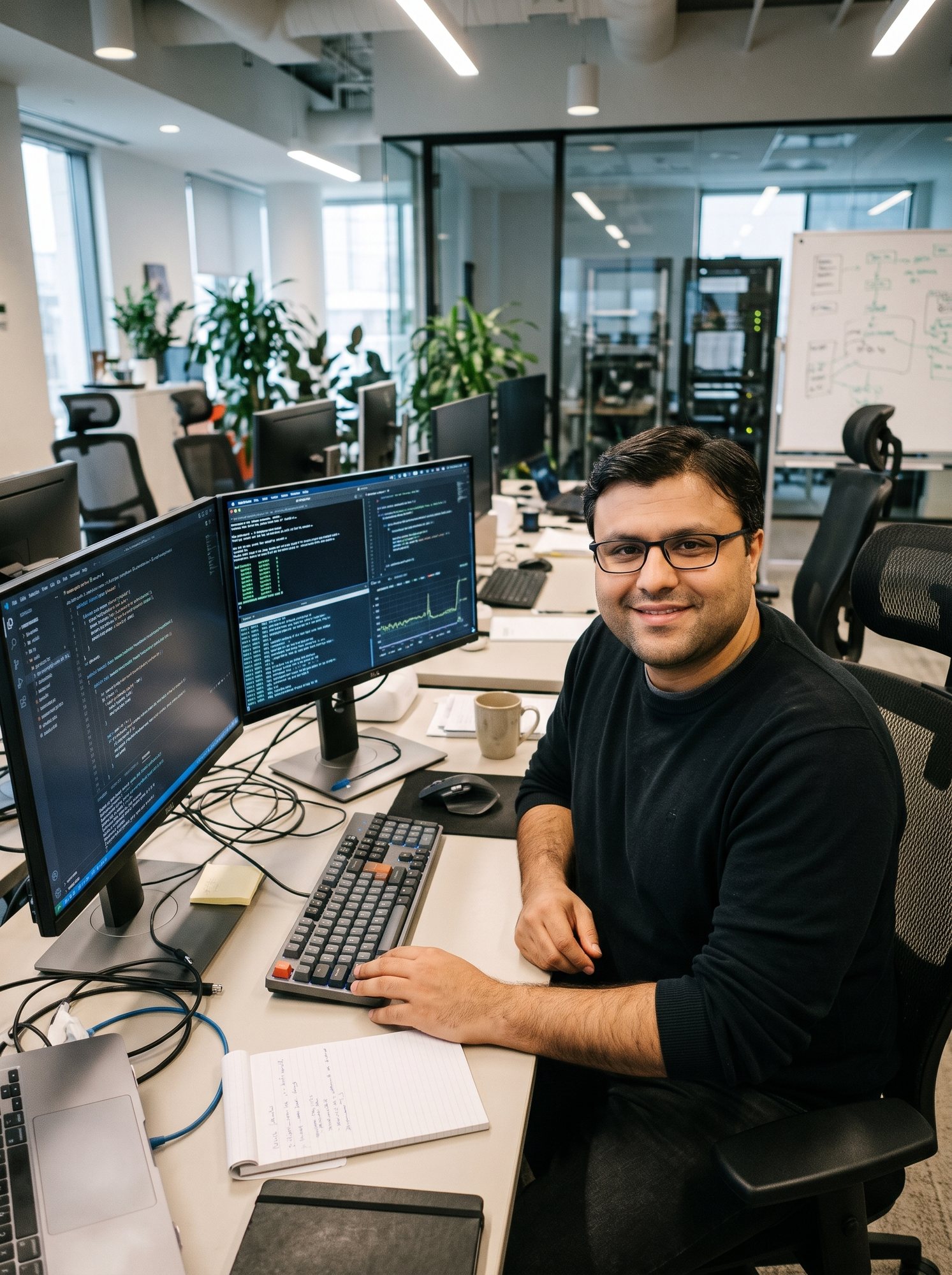 Shahfayaz Khan sitting at a multi-monitor desk with code on screen in an open-plan engineering office