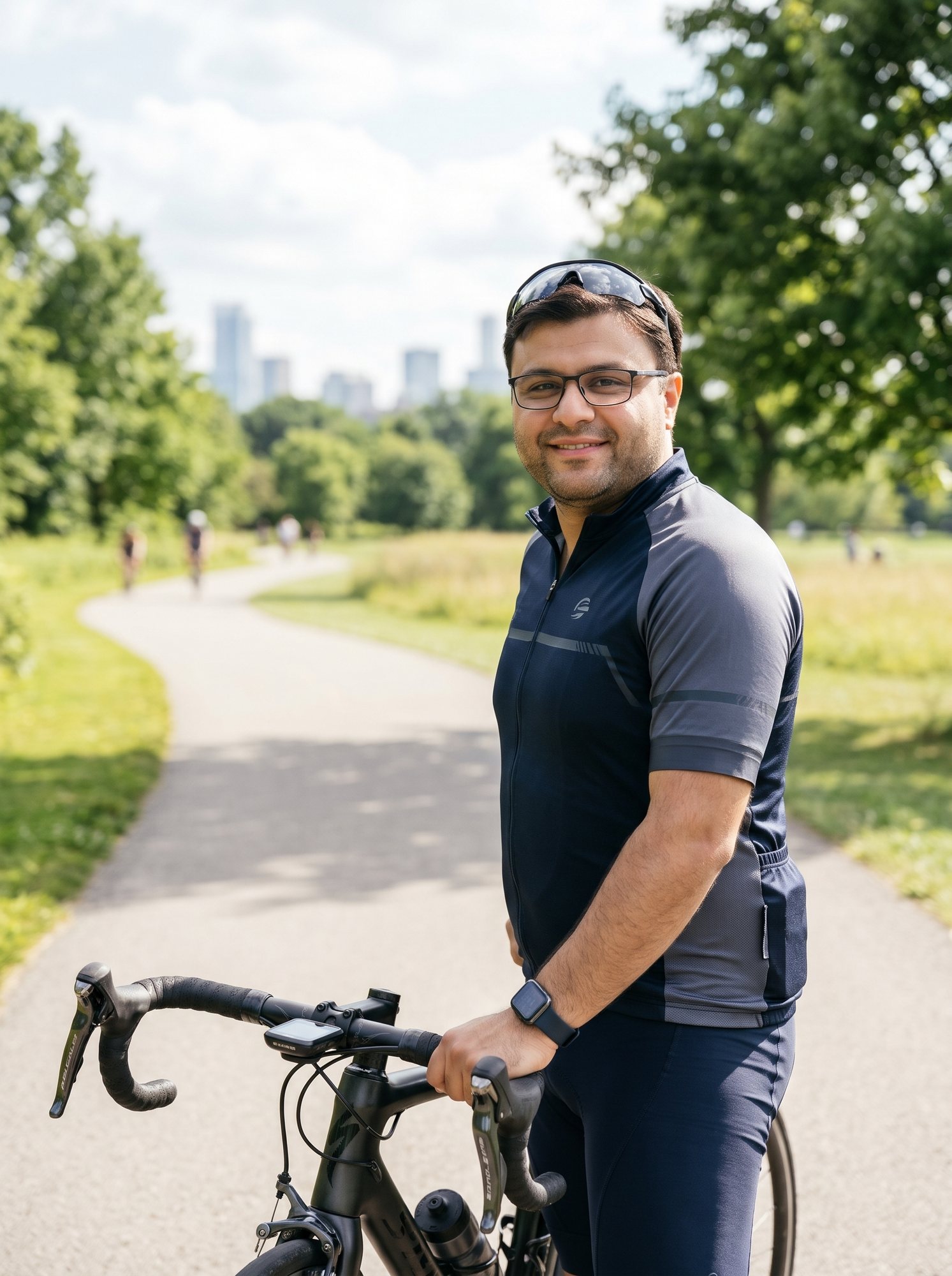 Shahfayaz Khan standing with a road bike on a park path
