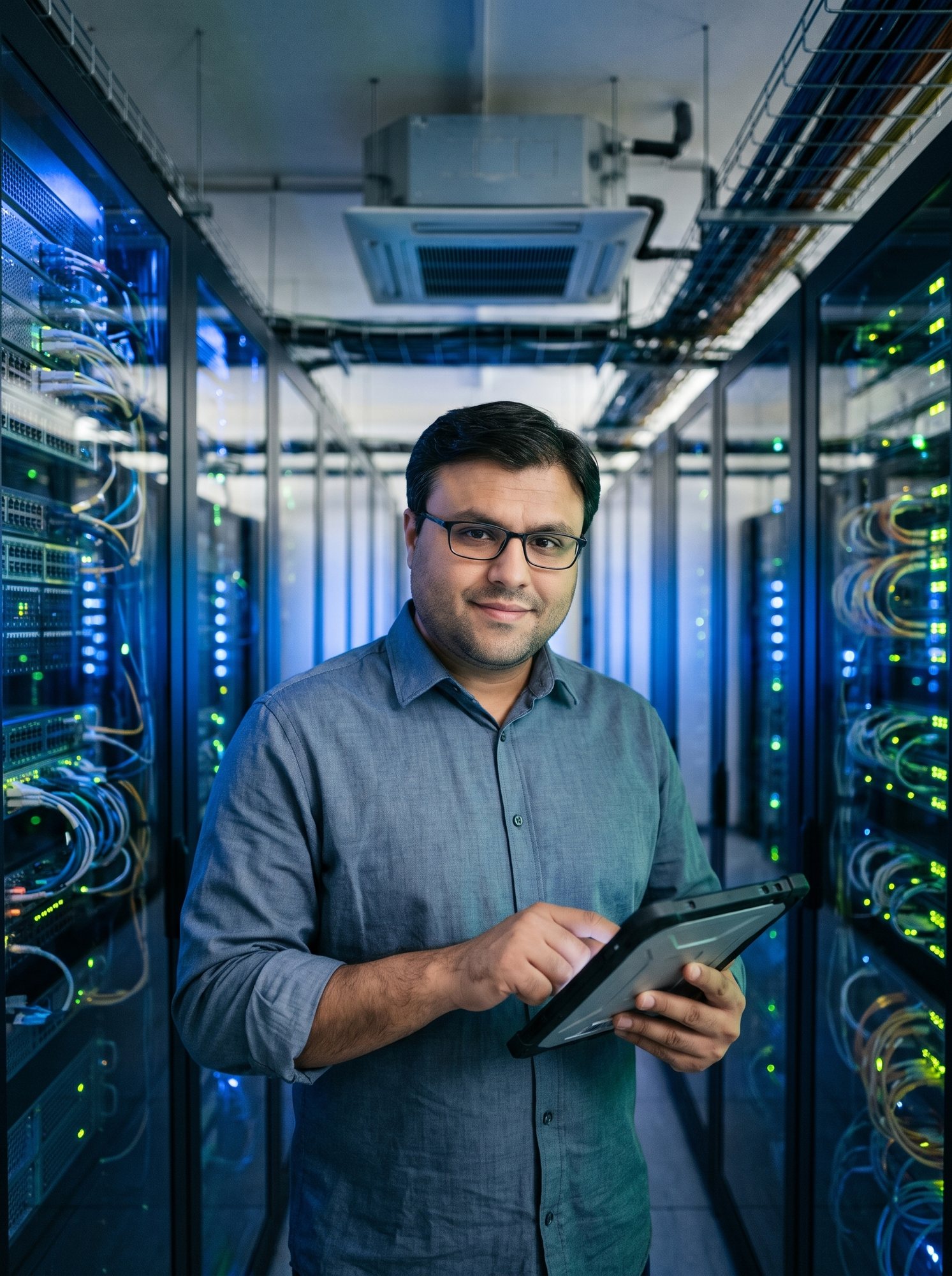 Shahfayaz Khan holding a tablet between illuminated server racks in a data centre