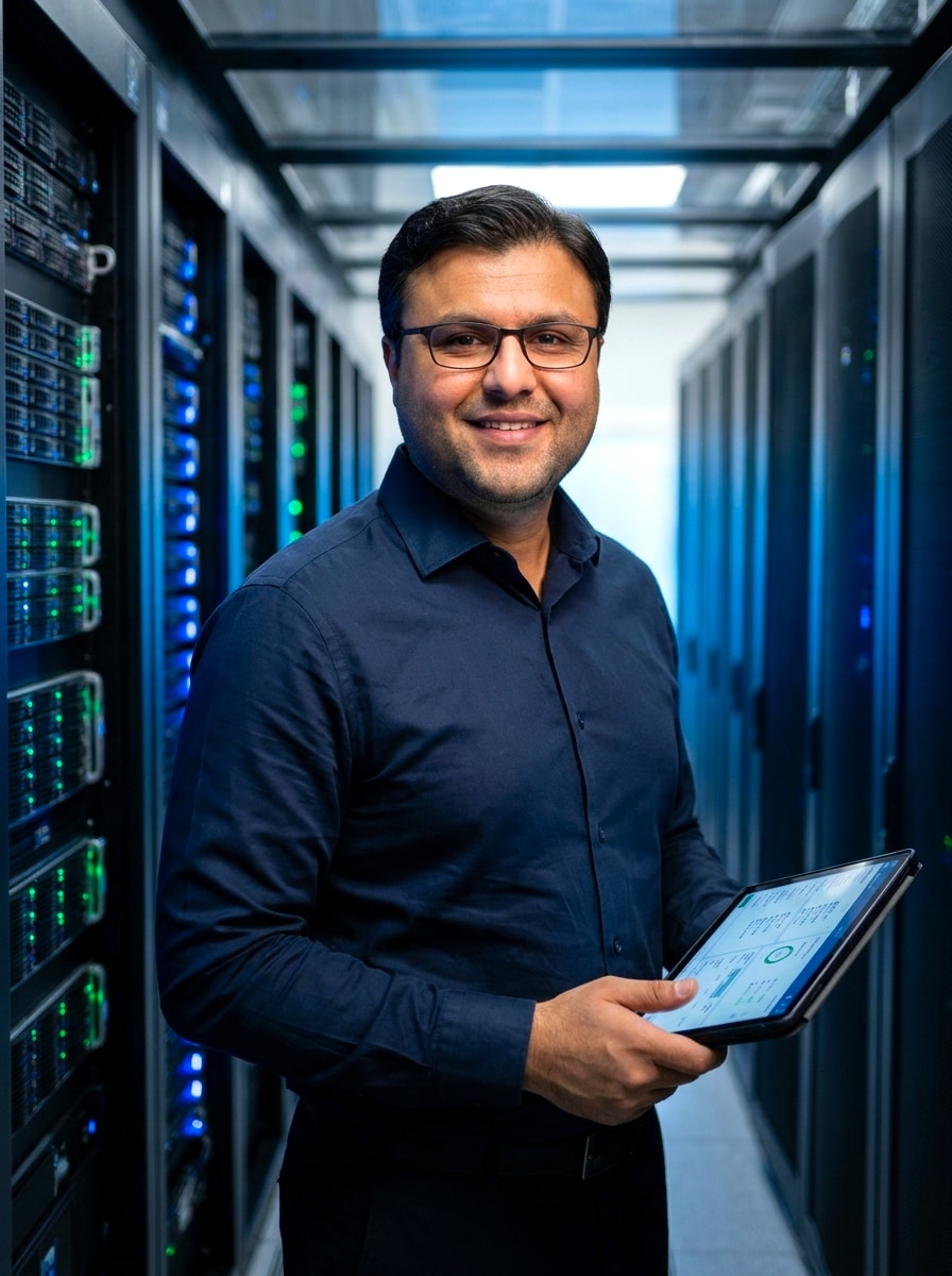 Vibrant blue and emerald server room portrait of Shahfayaz Khan