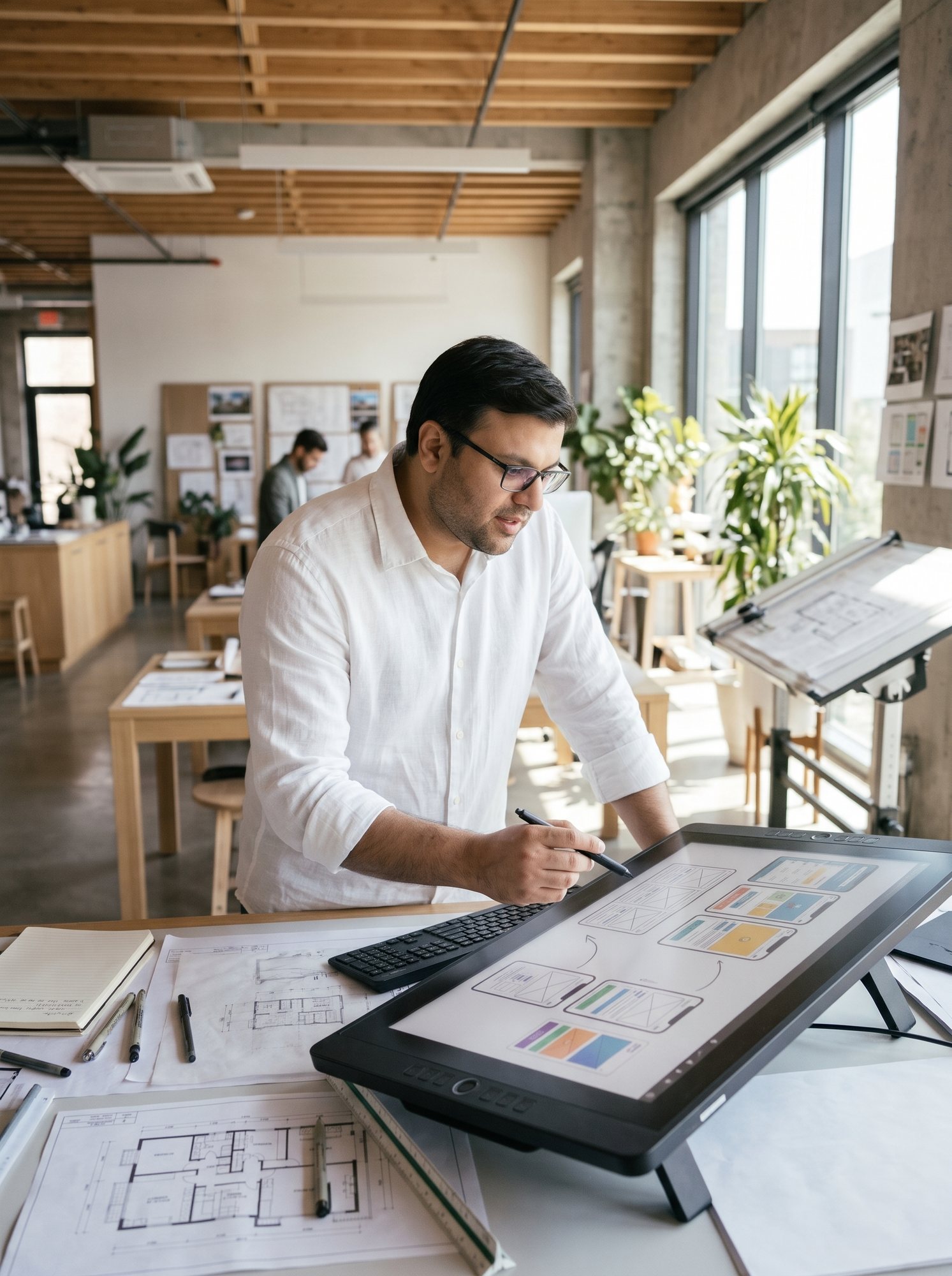 Shahfayaz Khan sketching interface layouts on a drawing tablet in a bright studio