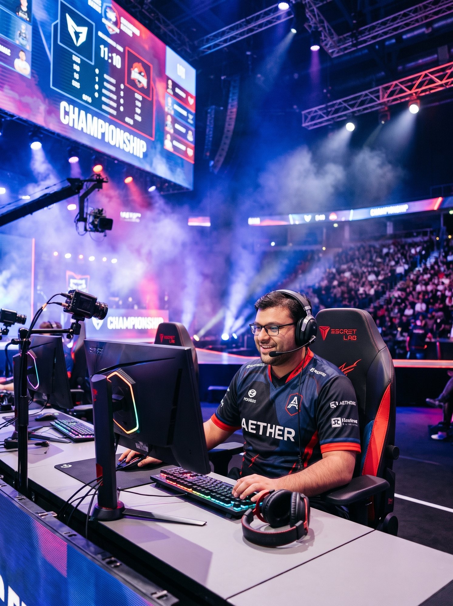 Shahfayaz Khan in a team jersey and headset at a stage desk in an esports arena
