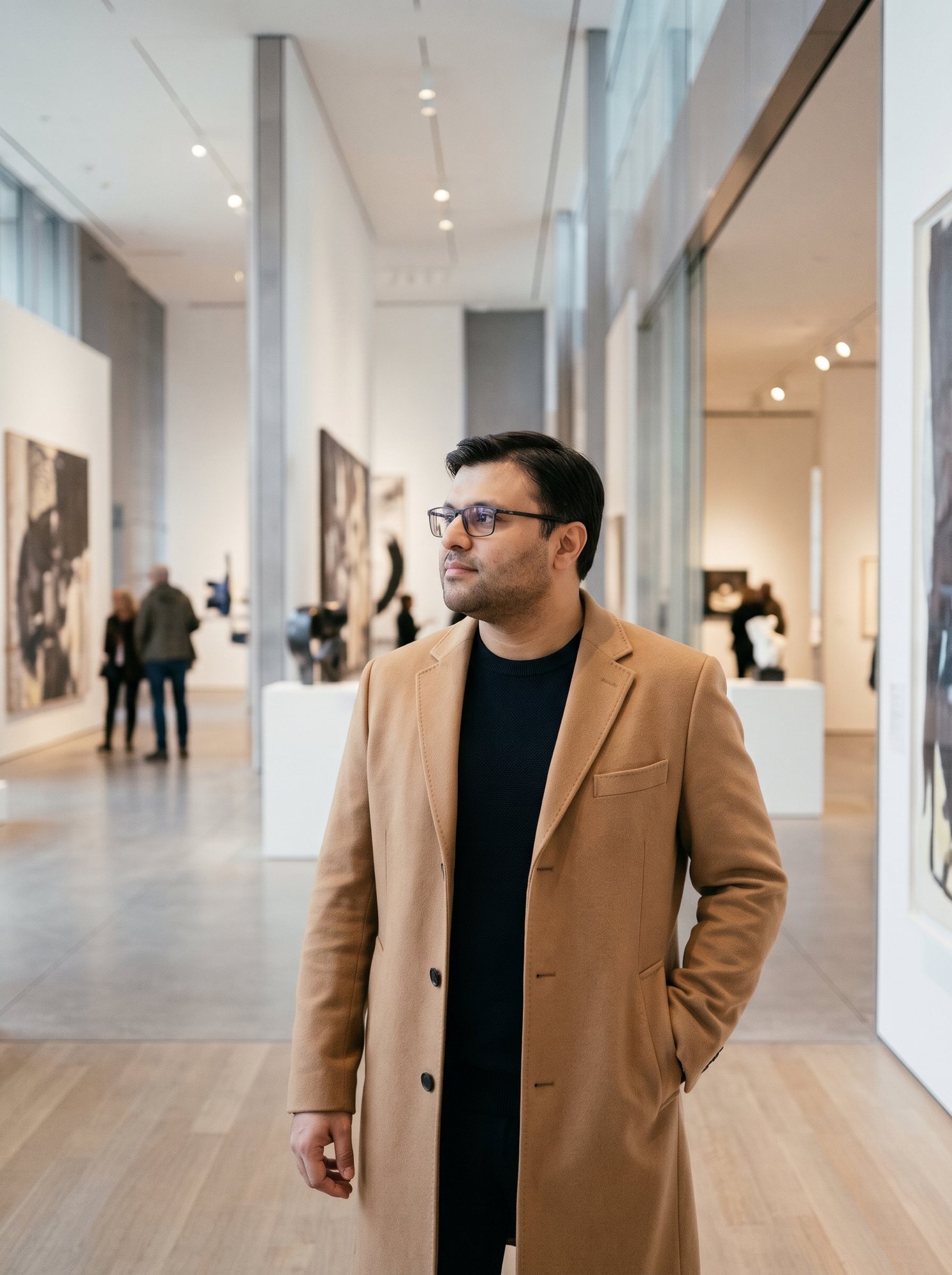 Shahfayaz Khan in a camel overcoat in a white-walled art gallery