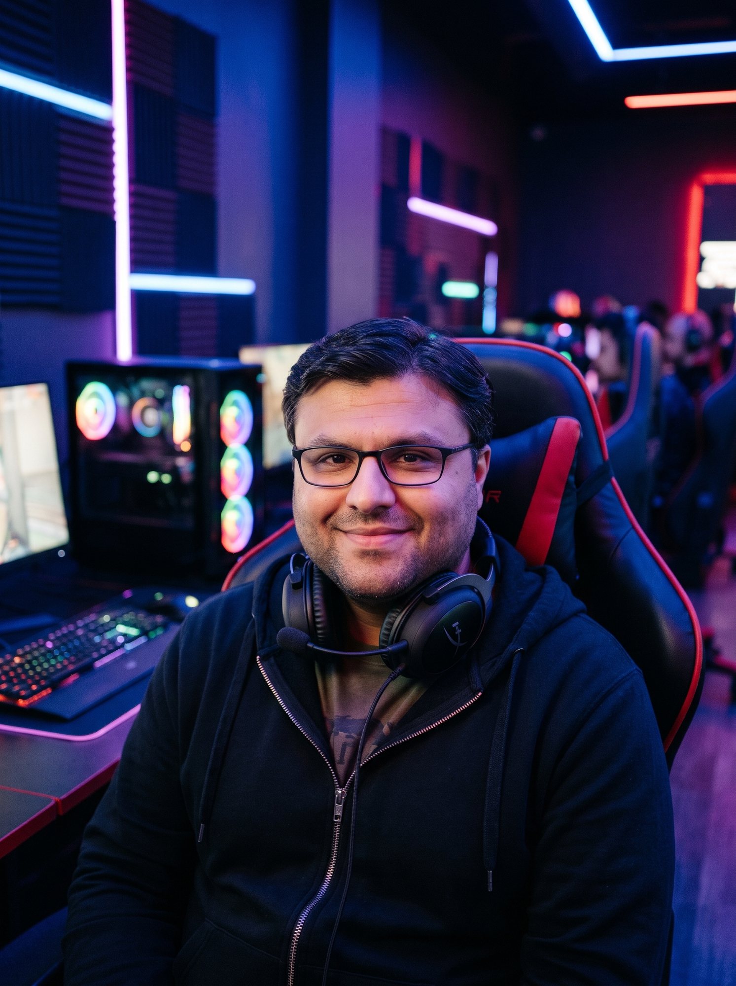 Shahfayaz Khan in a hoodie and headphones at a neon-lit gaming desk