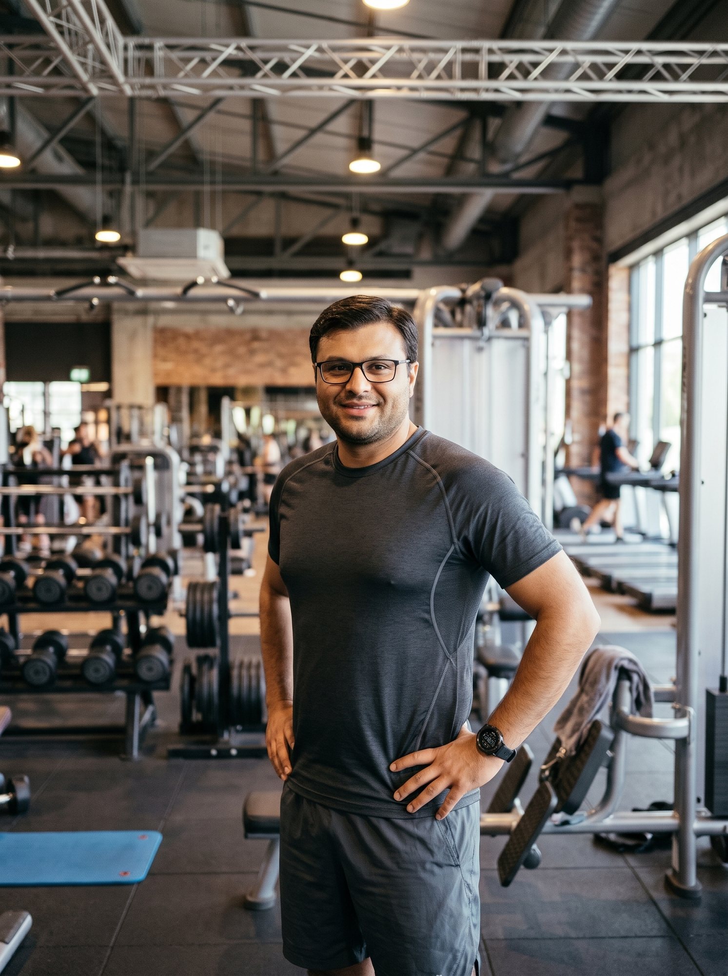 Shahfayaz Khan in training gear, hands on hips, in an industrial-style gym