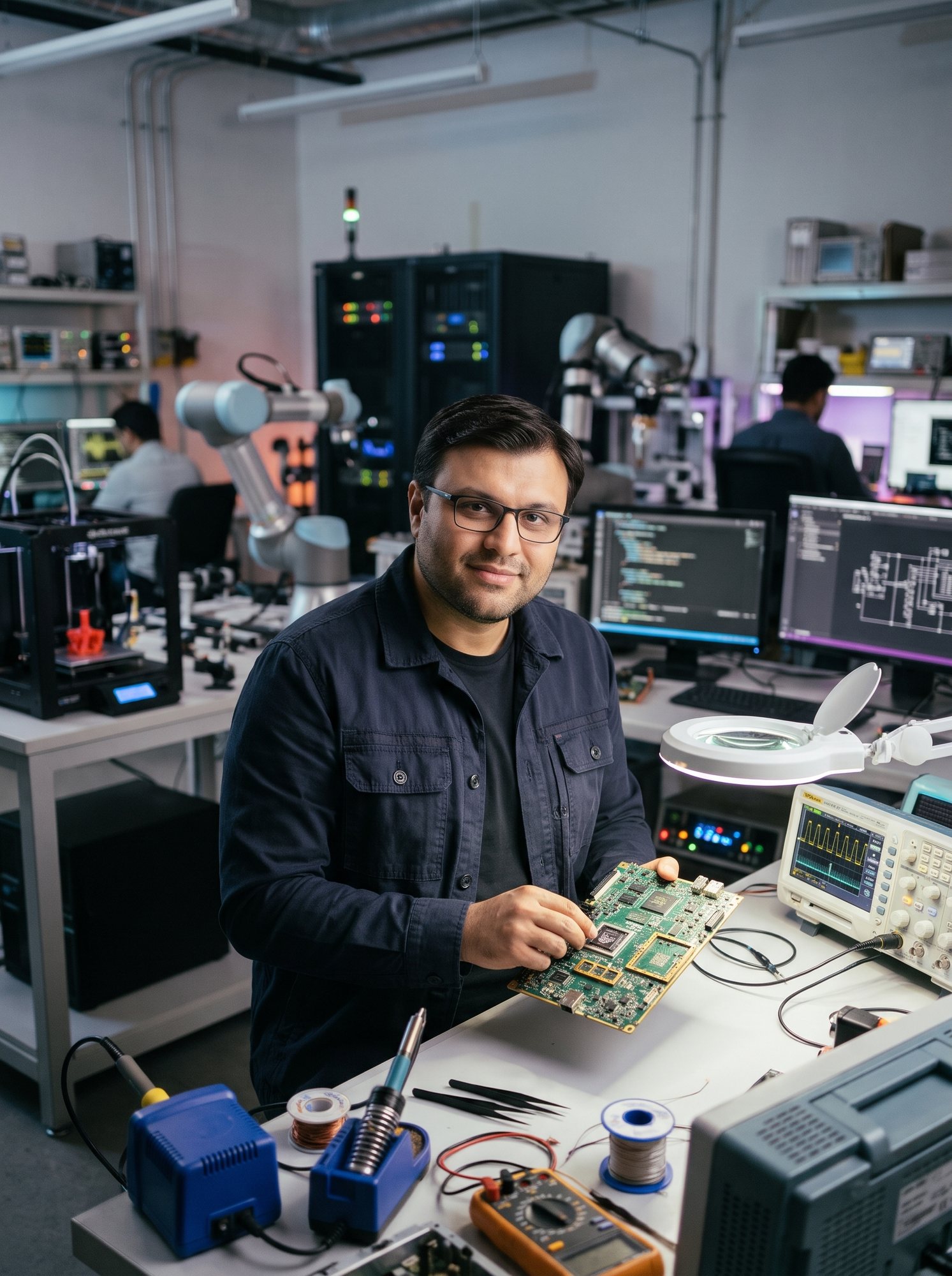 Shahfayaz Khan holding a circuit board at an electronics bench with 3D printers and robots