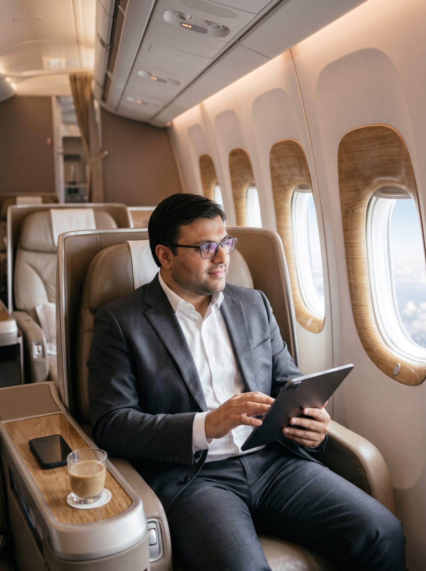 Shahfayaz Khan working on a tablet in a business-class airline seat