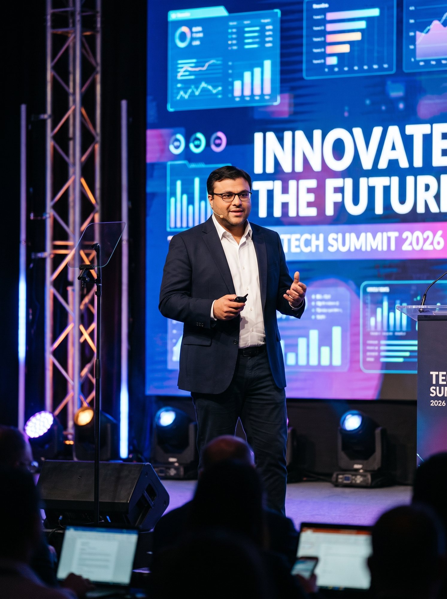 Shahfayaz Khan presenting on stage in front of large screens at a technology summit