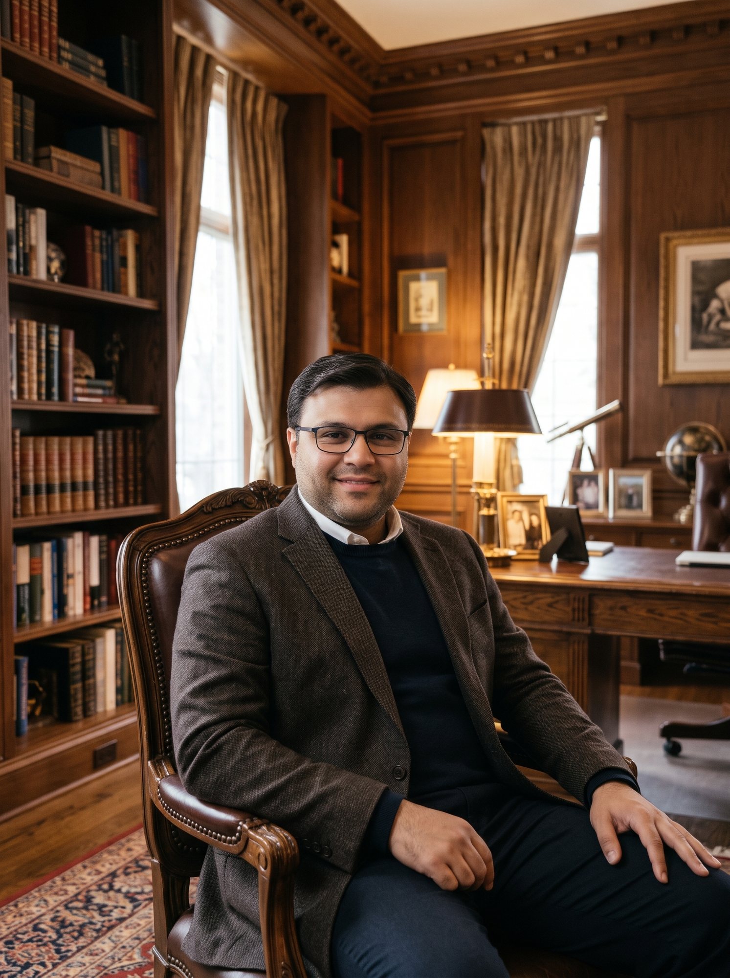 Shahfayaz Khan seated in a leather chair in a wood-panelled library