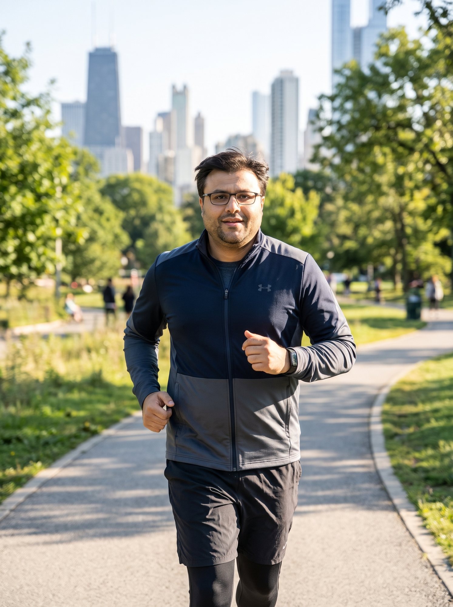 Shahfayaz Khan jogging along a tree-lined park path with a city skyline behind