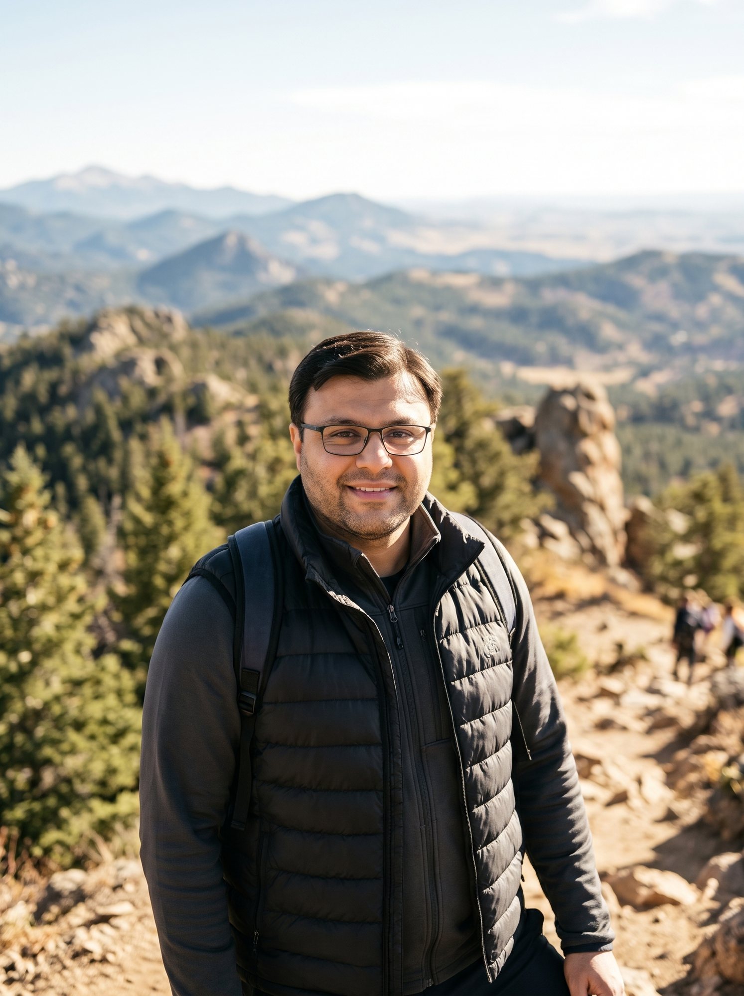 Shahfayaz Khan in a puffer vest on a rocky summit above pine-covered mountains
