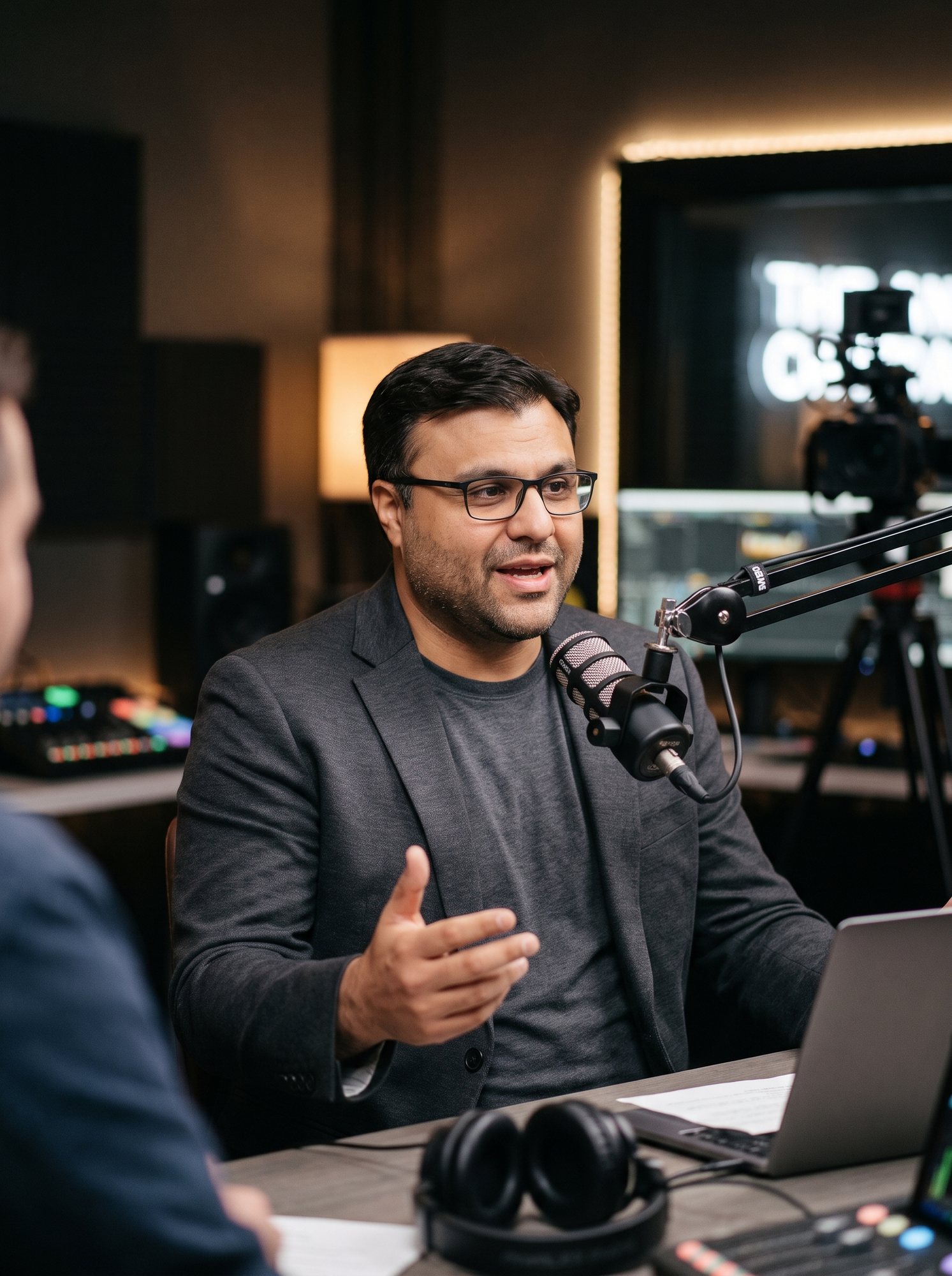Shahfayaz Khan talking into a studio microphone while recording a podcast