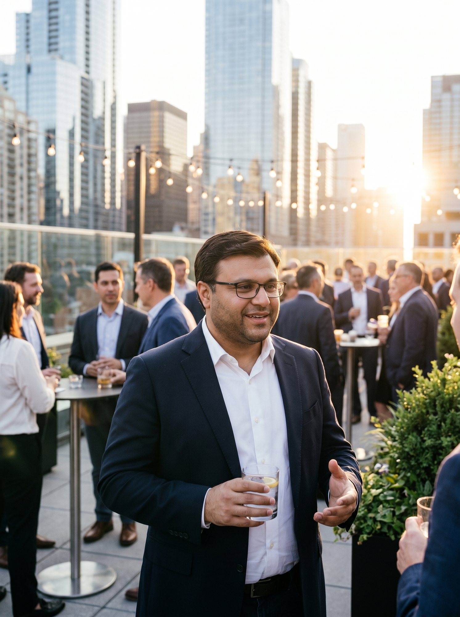 Shahfayaz Khan talking with guests at a rooftop networking event at sunset