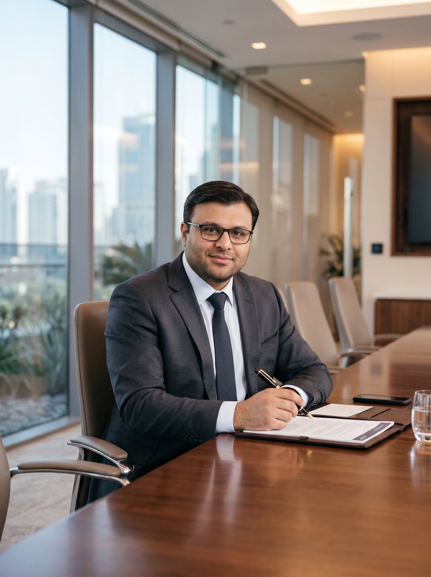 Shahfayaz Khan in a suit and tie writing notes at a boardroom table high above the city