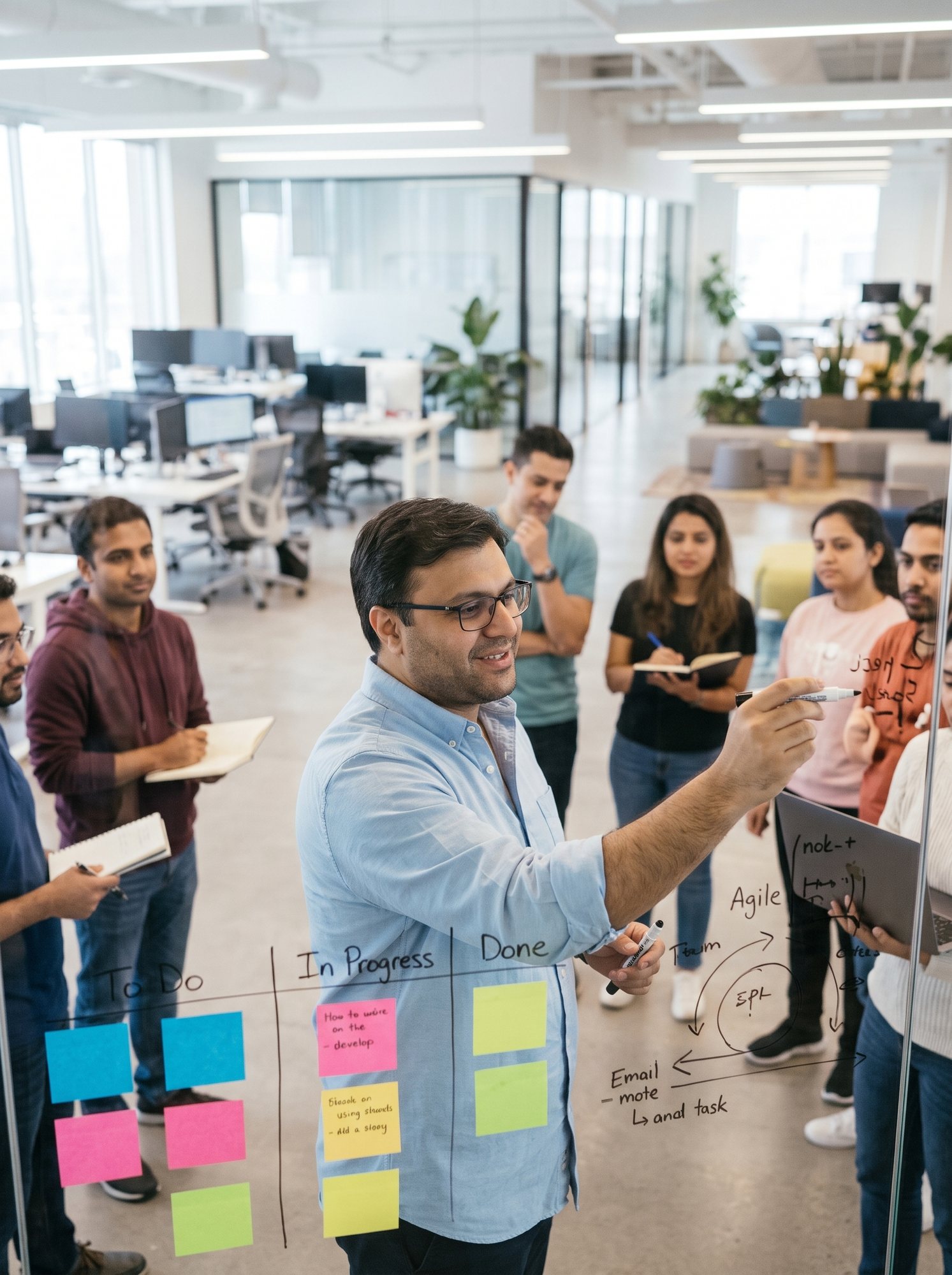Shahfayaz Khan leading a team stand-up at a glass board covered in sticky notes