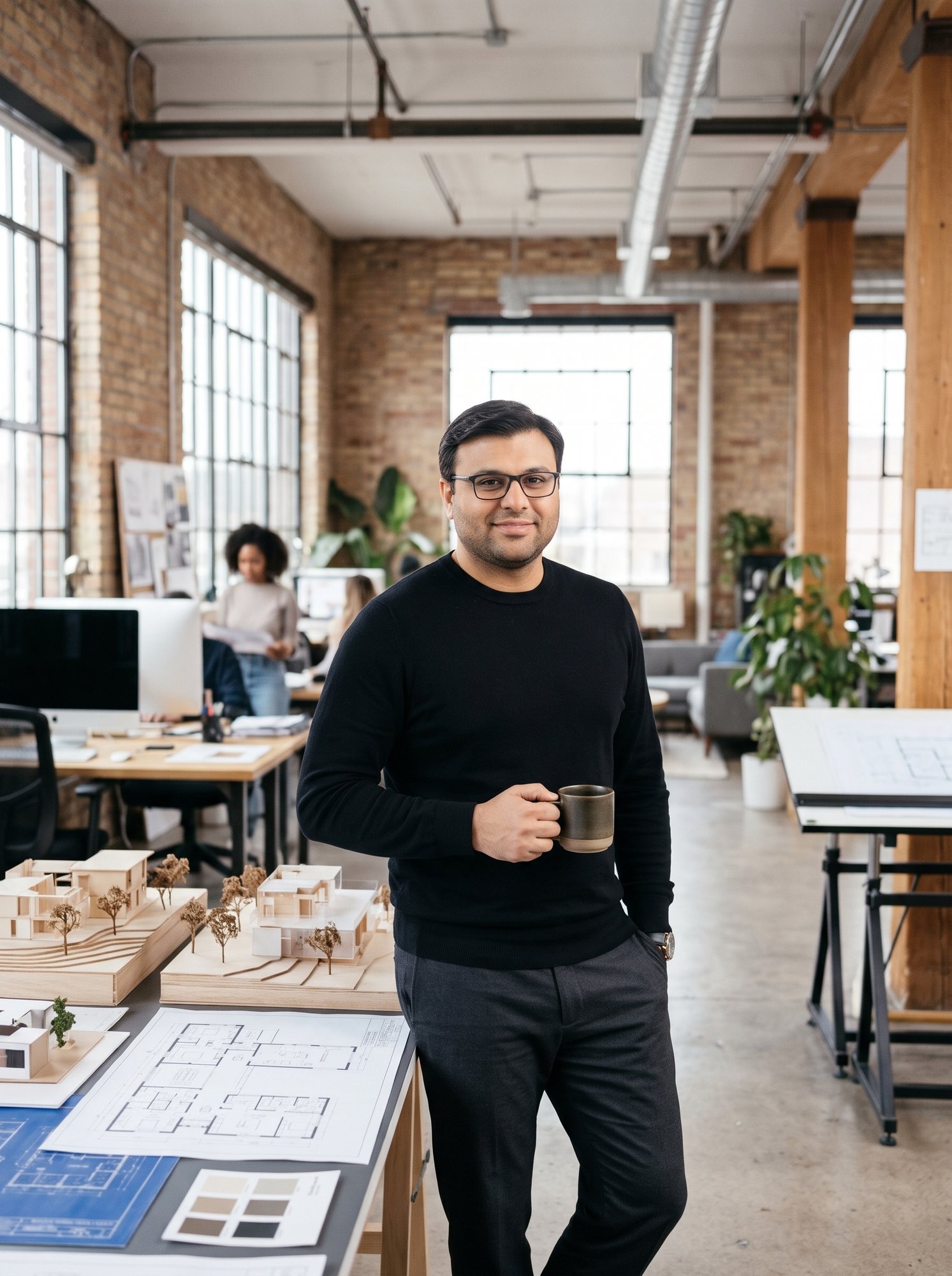 Shahfayaz Khan holding a coffee mug in a brick-walled design studio