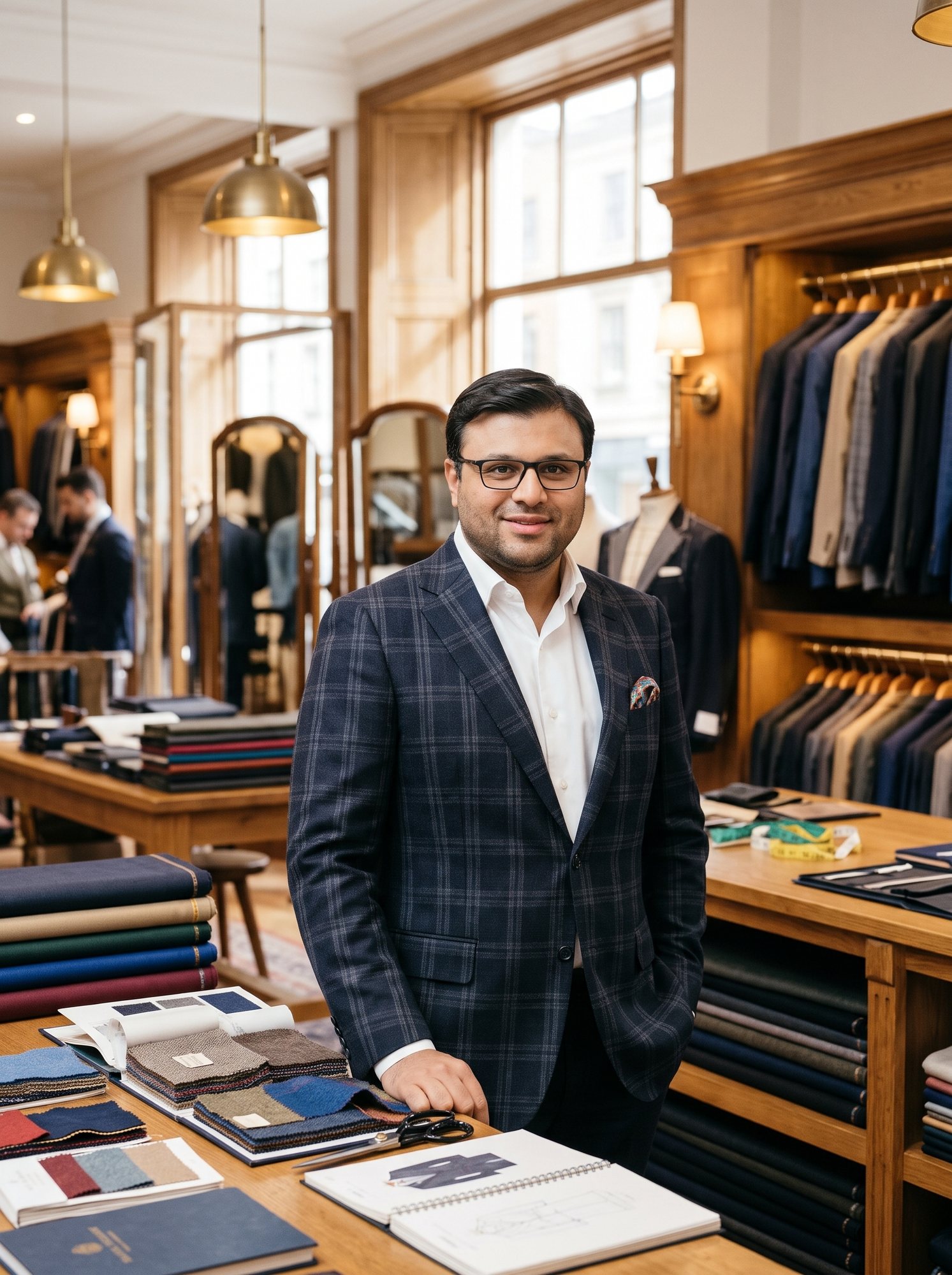 Shahfayaz Khan in a checked blazer at a tailor's cutting table surrounded by fabrics