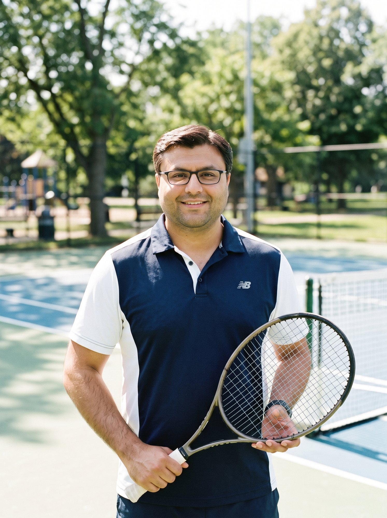 Shahfayaz Khan holding a tennis racket on an outdoor court