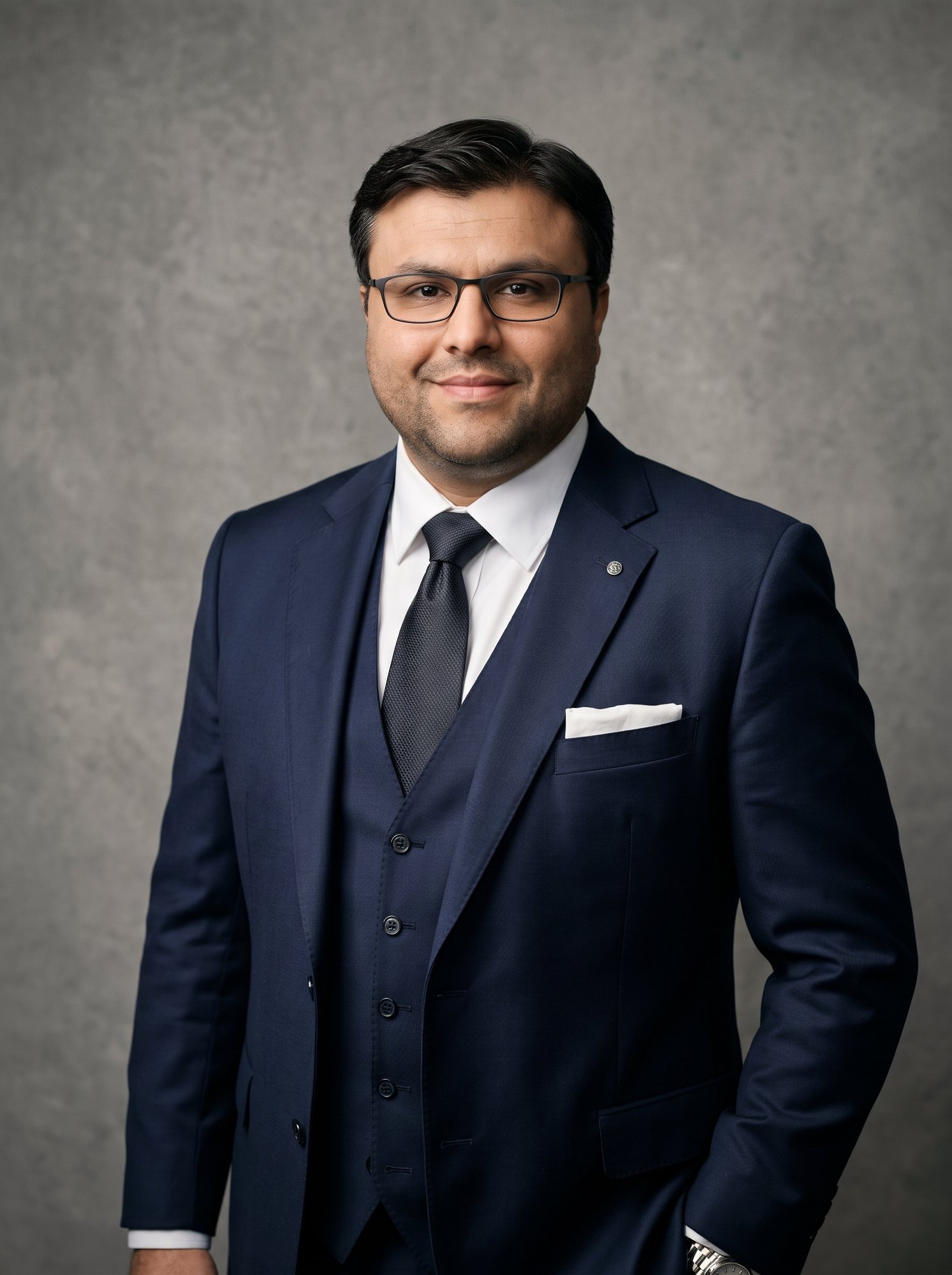 Studio portrait of Shahfayaz Khan in a navy three-piece suit and tie