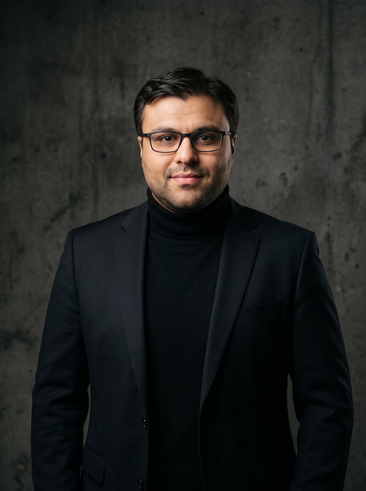 Studio portrait of Shahfayaz Khan in a black turtleneck and blazer against a concrete wall