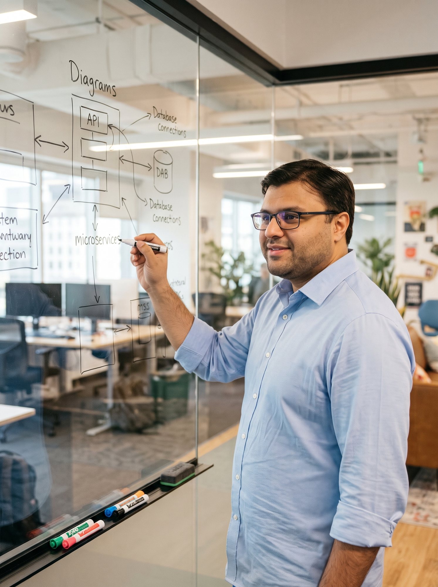 Shahfayaz Khan sketching an architecture diagram on a glass whiteboard