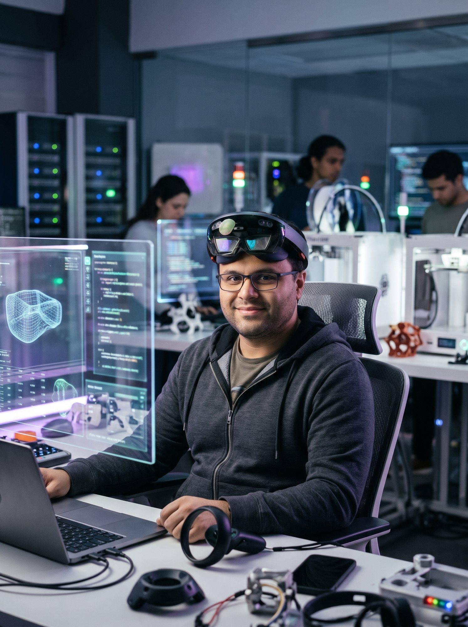 Shahfayaz Khan wearing a mixed-reality headset at a workstation with holographic screens