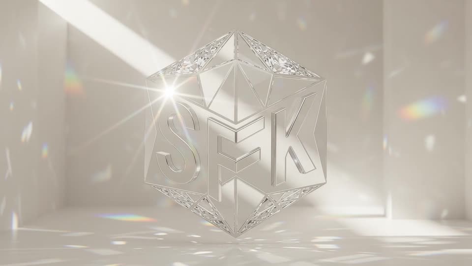 Glass prisms fusing into logo — SFK brand film still