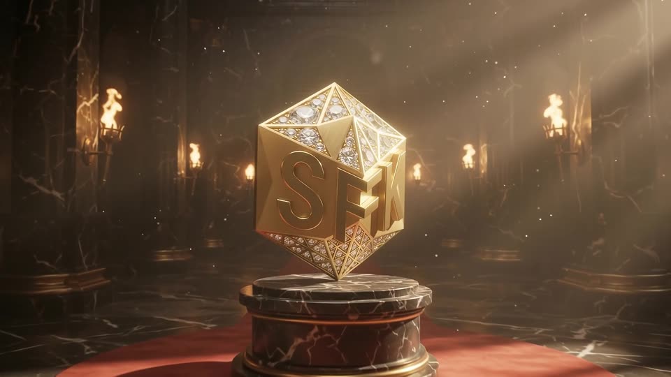 Gold emblem rotates in hall — SFK brand film still