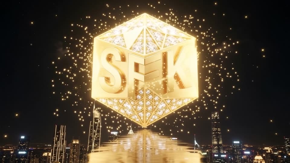 Golden fireworks forming SFK emblem — SFK brand film still
