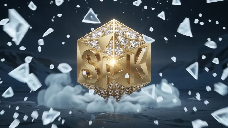 Ice shatters revealing gold emblem — SFK brand film still